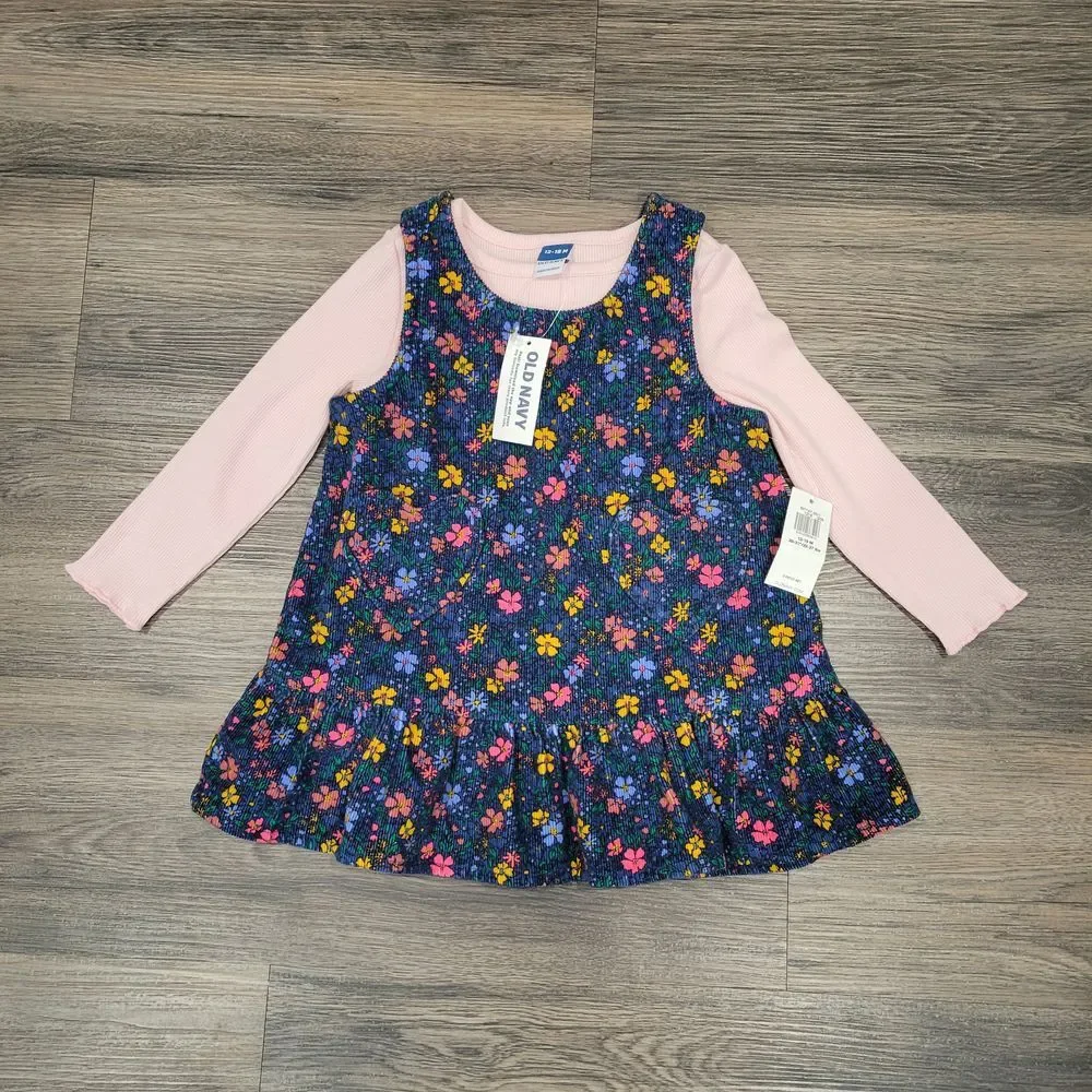 Old Navy‎ Floral Print Navy Blue Dress Pink Long Sleeves 12-18M Baby Girl NWT